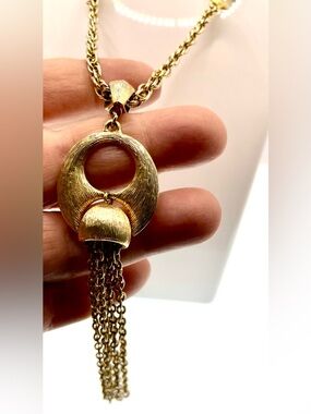 Vintage 1970s Gold Tone Tassel Statement Necklace Textured Pendant Boho Glam